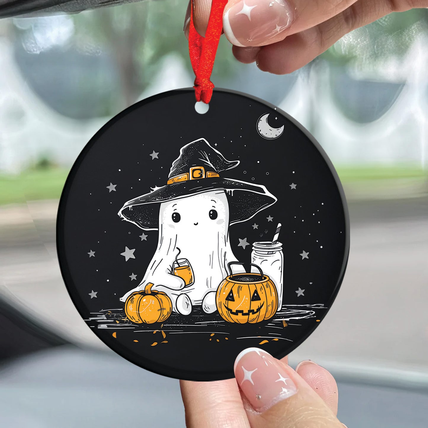 Teesdily | Happy Halloween Cute Ghost Ceramic Ornament, Ghost And Pumpkin Halloween Plastic And Ceramic Ornament, Halloween Ornament Decor Gifts