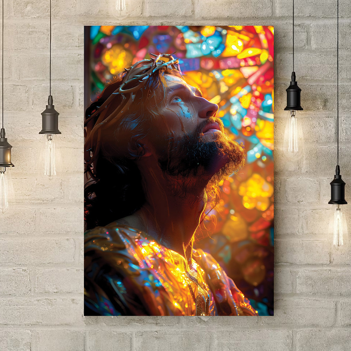 Teesdily | Jesus Portrait Art Stained Glass Design Poster, Christian Home Decor Poster Canvas, Jesus Art Religious Wall Decor, God Believers Gifts