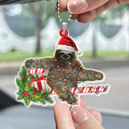 Teesdily | Sloth Christmas Ornament, Sloth Lights Santa Christmas Tree Ornament, Hanging Sloth Ornament, Merry Christmas Sloth, Sloth Lover Gifts