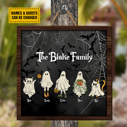 Teesdily | Personalized Ghost Family Halloween Wood Sign, Family Members With Pets Halloween Gifts, Halloween Decor Sign, Spooky Season Home Decor