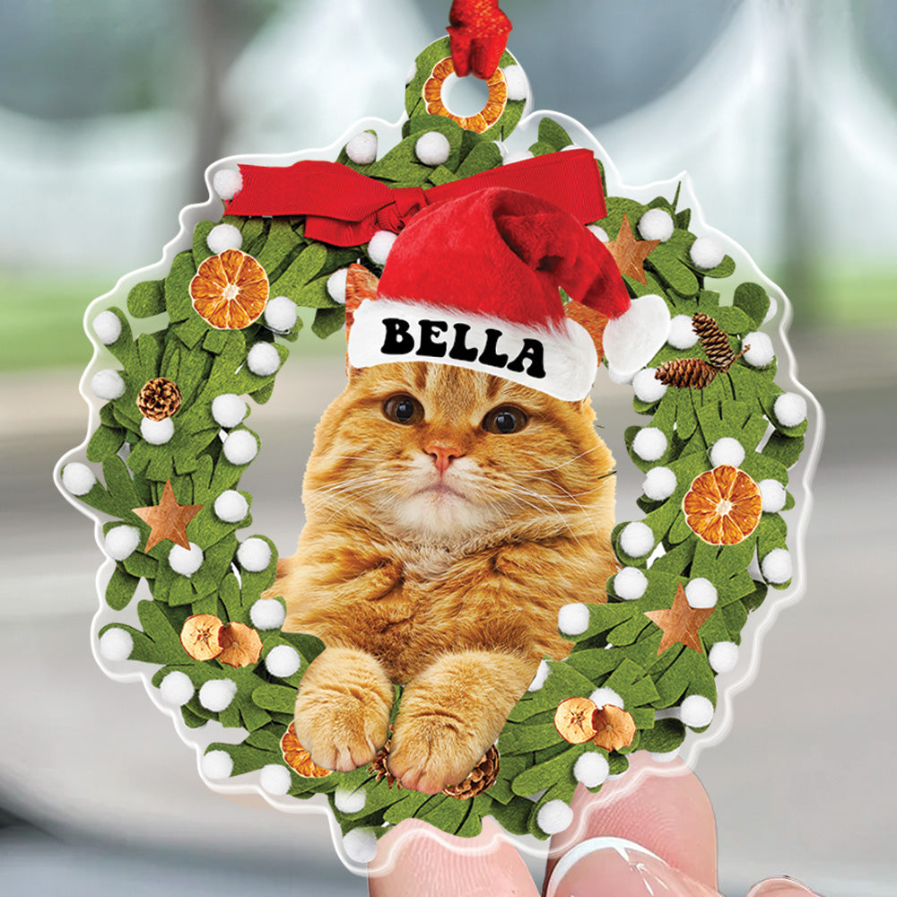 Teesdily | Customized Cat Christmas Ornament, Cute Cat Wreath Christmas 2D Flag Ornament, Cat Mom Cat Dad Ornament, Christmas Gift