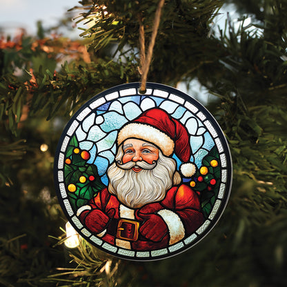 Teesdily | Christmas Santa Ornament, Santa Claus Stained Glass Printed Ornament, Christmas Ornaments Hanging Decor Xmas Tree, 2024 Ornament Gift