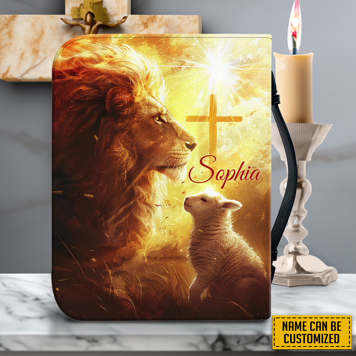 Teesdily | Personalized Jesus Lamb Cross The Lion Of Judah Bible Cover, The Lord Is My Shepherd Bible Verse, Lamb Of God Bible Bag, Jesus Lovers Gift