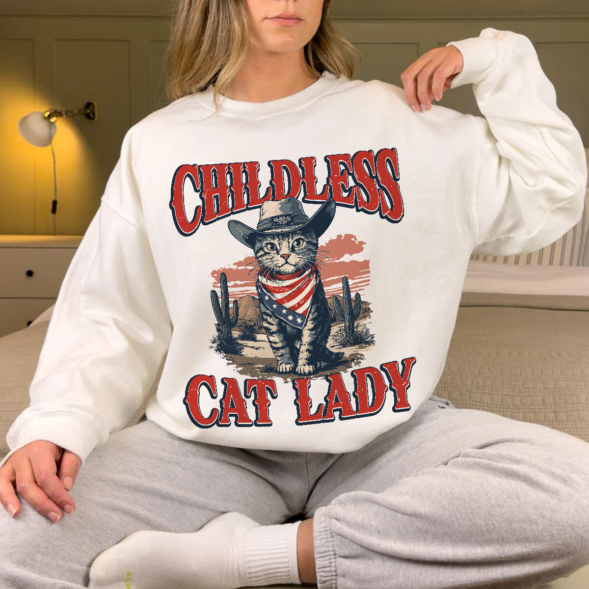 Teesdily | Childless Cat Lady Shirt, Childless Cat Lady For Comma La Sweatshirt Hoodie Mug, Vintage Cat Cowboy T-shirt, Kama-laa Tee, Patriot Gift