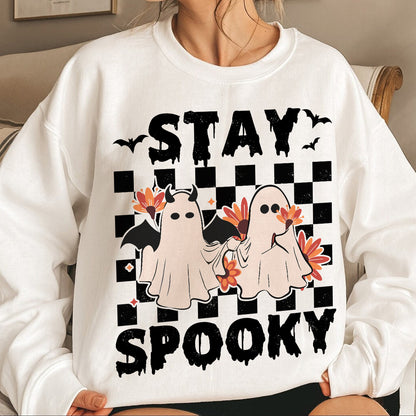 Teesdily | Cute Ghost Halloween Shirt, Stay Spooky Happy Halloween Tee Sweatshirt Hoodie Mug, Halloween Gifts, Spooky Retro Ghost Tee