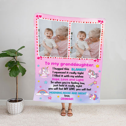 Teesdily | Granddaughter Customized Photo Fleece Blanket, Unicorn Throw Blanket, Granddaughter Love Letter Blanket From Grandma, Granddaughter Gifts