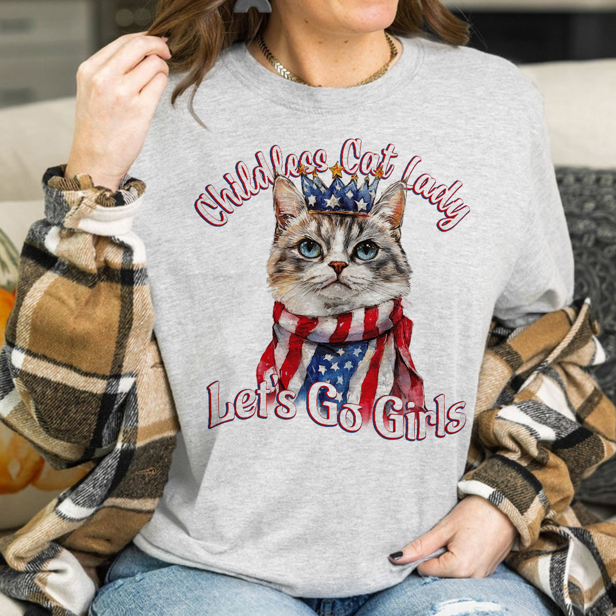 Teesdily | Childless Cat Lady Shirts, Queen Cat American Flag Sweatshirt, Comma La Hoodie, Ka-meow-la T-shirt, Let's Go Girls Cat Mom