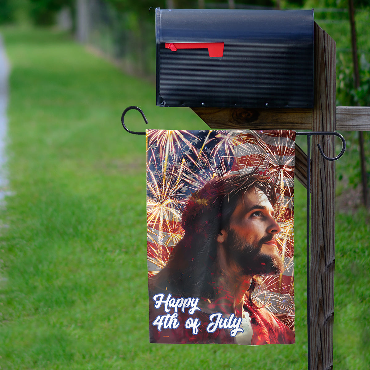 Teesdily | Jesus American Flag Home, Happy 4th Of July House Garden Flag, Independence Day Gifts, God Believer Christian Outdoor Decoration