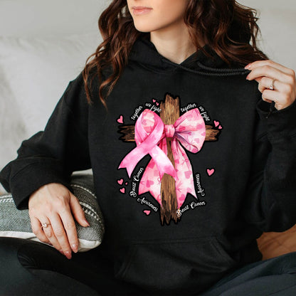 Teesdily | Pink Bow Cross Breast Cancer Shirt, Jesus Breast Cancer Sweatshirt, Together We Fight Cancer Hoodie Mug, Support Warrior Fighter Gift