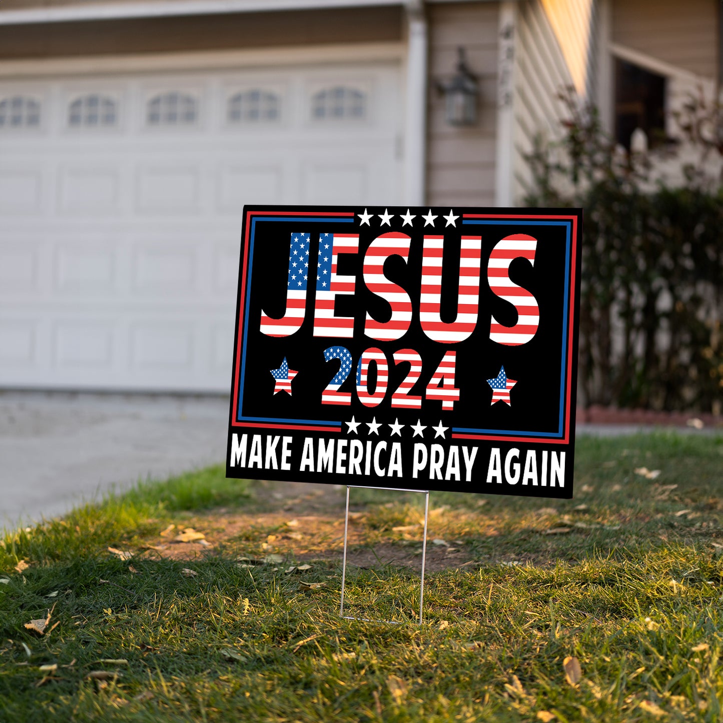 Teesdily | Jesus 2024 Make America Pray Again Yard Sign, American Flag Garden Outdoor Sign, Christian Patriotic Lawn Metal Sign, Jesus Home Decoration