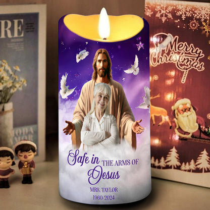 Teesdily | Customized Memorial Jesus Christ Led Candle, Safe In The Arms Of Jesus Flameless Candle Christmas Gift, Keepsake Gift