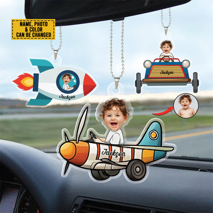 Teesdily | Personalized Kid's Face Acrylic Transportation Car Hanging, Car Air Plane Rocket Air Balloon Ornament, Custom Car Accessories, Family Gifts