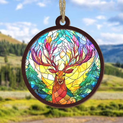 Teesdily | Deer Suncatcher, Deer Stained Glass Suncatcher, Elk Suncatcher Ornament, Deer Christmas 2024 Gift, Ornament Christmas, Deer Lover Gift