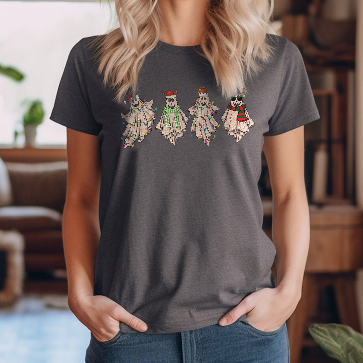 Teesdily | Christmas Ghost Shirt, Cute Christmas Sweatshirt, Ghost Santa T-shirt, Ghost Christmas Tree Hoodie, Merry Christmas Ghost