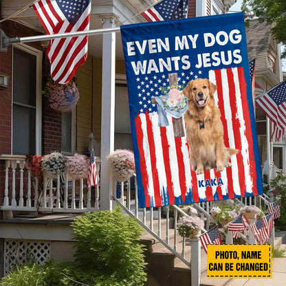 Teesdily | Customized Golden Retriever American Flag Home, Even My Dog Wants Jesus Garden Flag, Patriot 4th Of July House Flag Decor, Dog Lover Gift