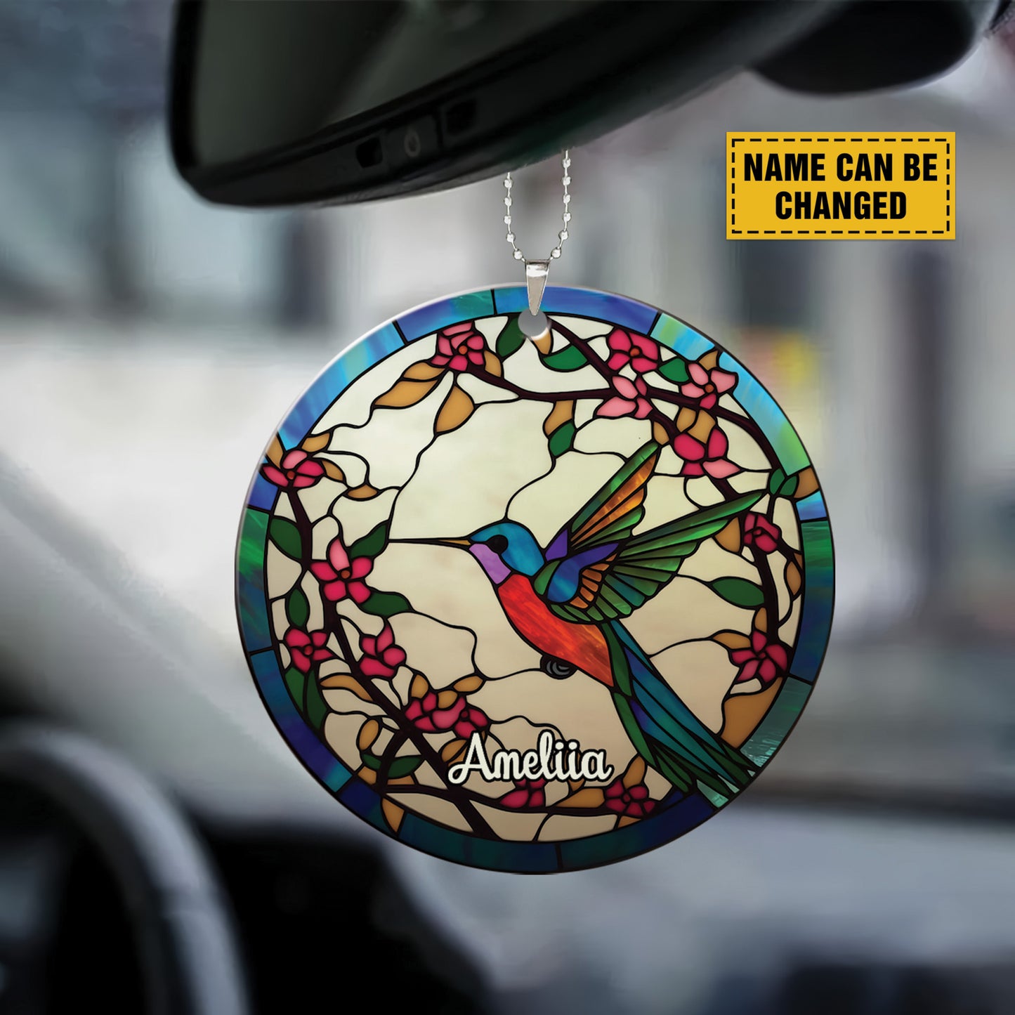 Teesdily | Customized Humming Bird Stained Glass Art Ceramic Ornament, Humming Bird Flower Acrylic Car Hanging Ornament, Christian Christmas Decoration