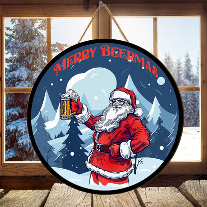 Teesdily | Jolly Santa Claus Merry Beermas Christmas Wood Sign Winter Christmas Decoration Gift For Beer's Lovers Office Decor