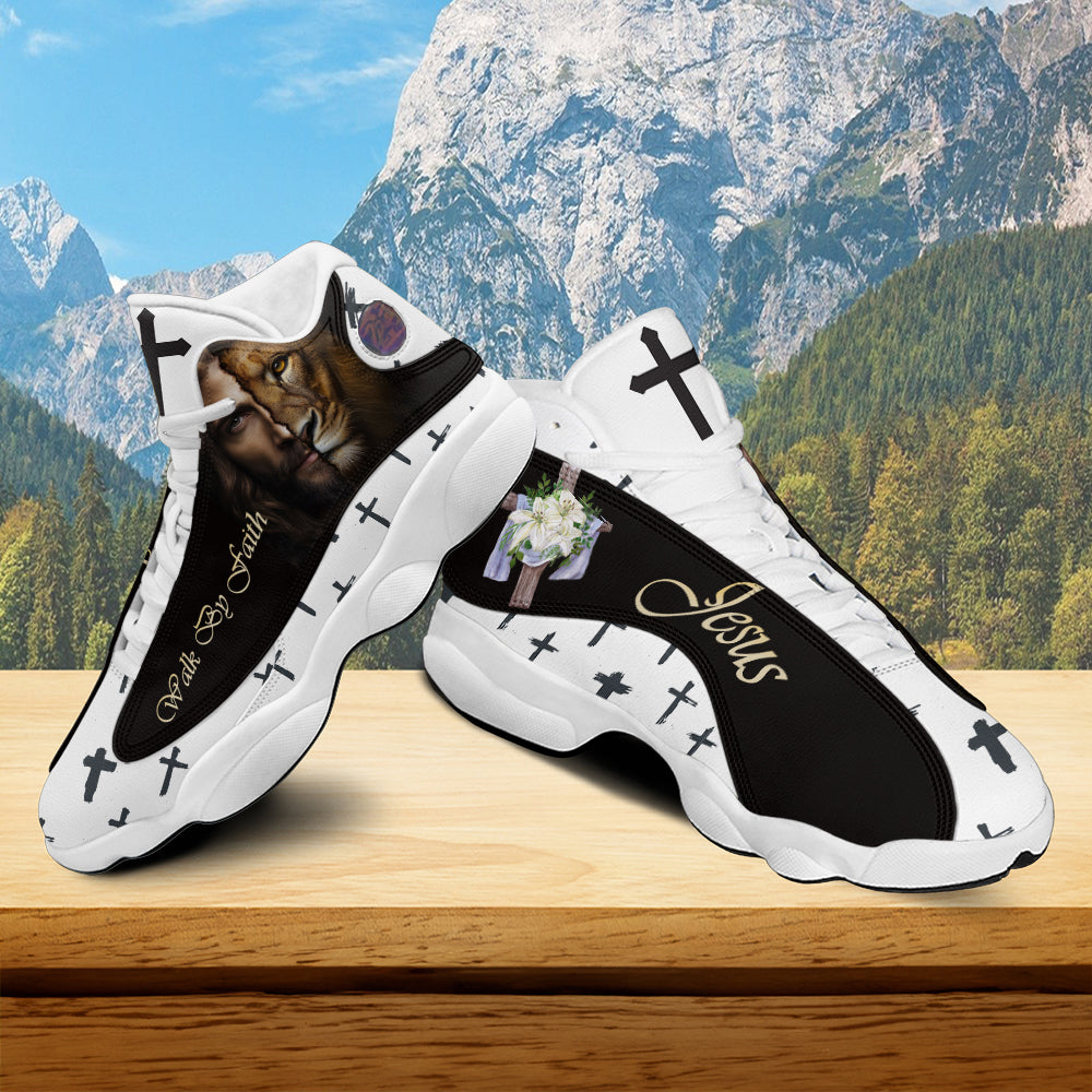 Teesdily | Jesus Lion Walk By Faith Basketball Shoes, Christian Flower Cross Running Shoes, Religious Gift For Jesus Lovers