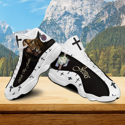 Teesdily | Jesus Lion Walk By Faith Basketball Shoes, Christian Flower Cross Running Shoes, Religious Gift For Jesus Lovers