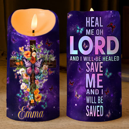 Teesdily | Customized Jesus Cross Flower Butterfly LED Candle No Battery, Heal Me Oh Lord LED Candle, Faith Jesus Lover Gift