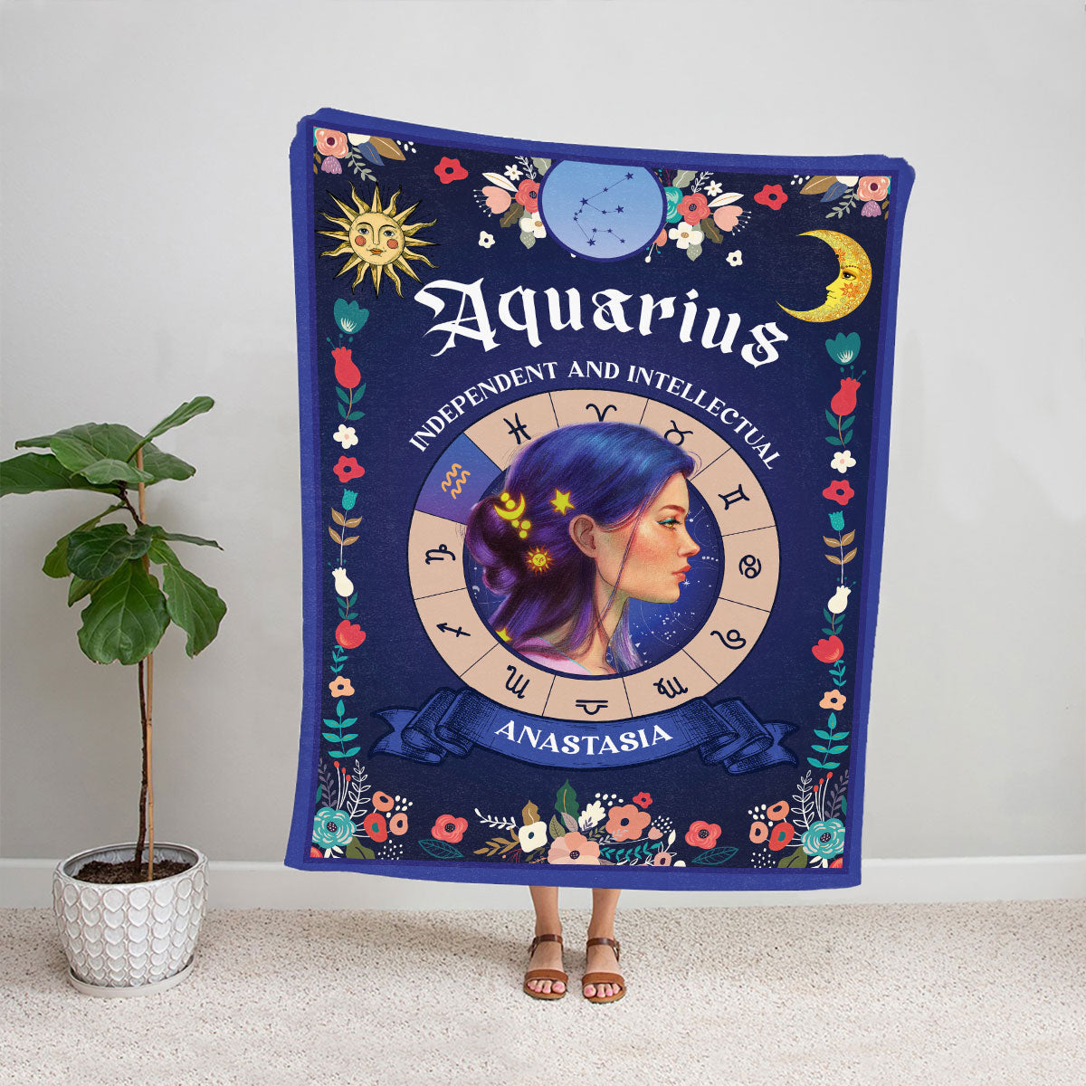 Teesdily | Aquarius Zodiac Sign Characteristics Customized Blanket Independent And Intellectual Sherpa Fleece Horoscope Design Astrology Gift Birthday