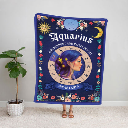 Teesdily | Aquarius Zodiac Sign Characteristics Customized Blanket Independent And Intellectual Sherpa Fleece Horoscope Design Astrology Gift Birthday