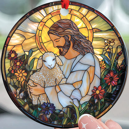 Teesdily | Jesus And Lamb Ornament Christmas, Jesus Christ Sheep Flower Stained Glass Printed Ornament 2D, Christmas Decor Gift