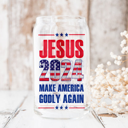 Teesdily | Jesus American Flag Glass Can, Jesus 2024 Make America Godly Again Coffee Cup, God Lovers Gifts, Frosted / Clear Glass Can With Straw