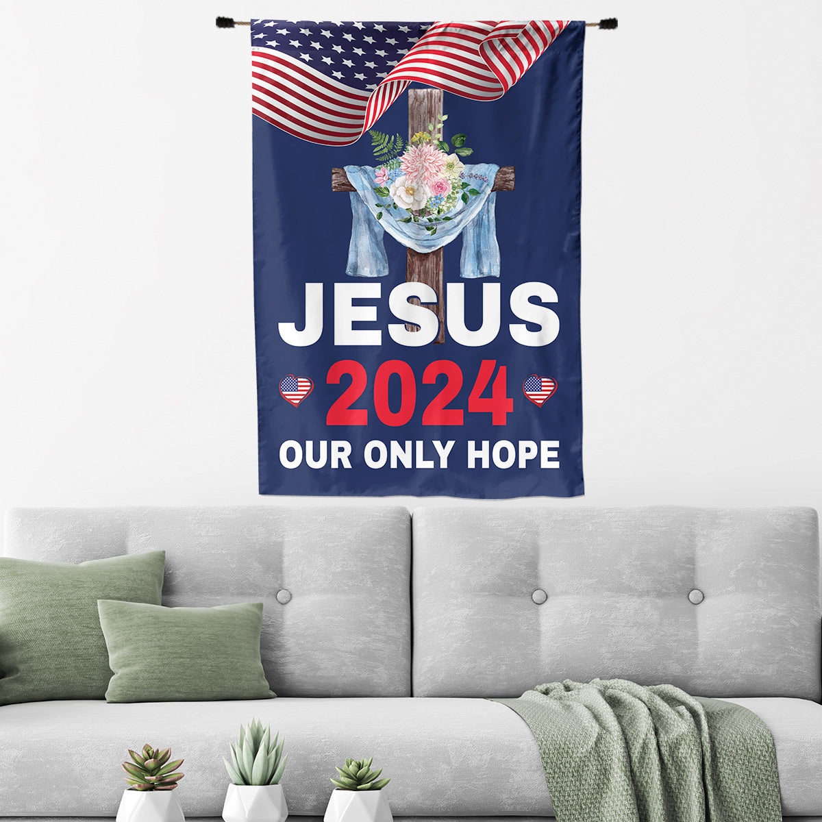 Teesdily | Jesus 2024 Our Only Hope Garden Flag, Christ Cross Flower American Flag, God Patriotic House Flag, Outdoor Yard Decor, Jesus Lovers Gift