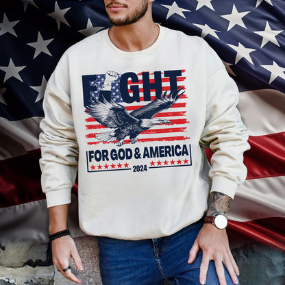 Teesdily | Eagle Fight 2024 American Flag Shirt, Fight For God And America Sweatshirt Hoodie Mug, Patriot T-shirt, American Pride Gifts