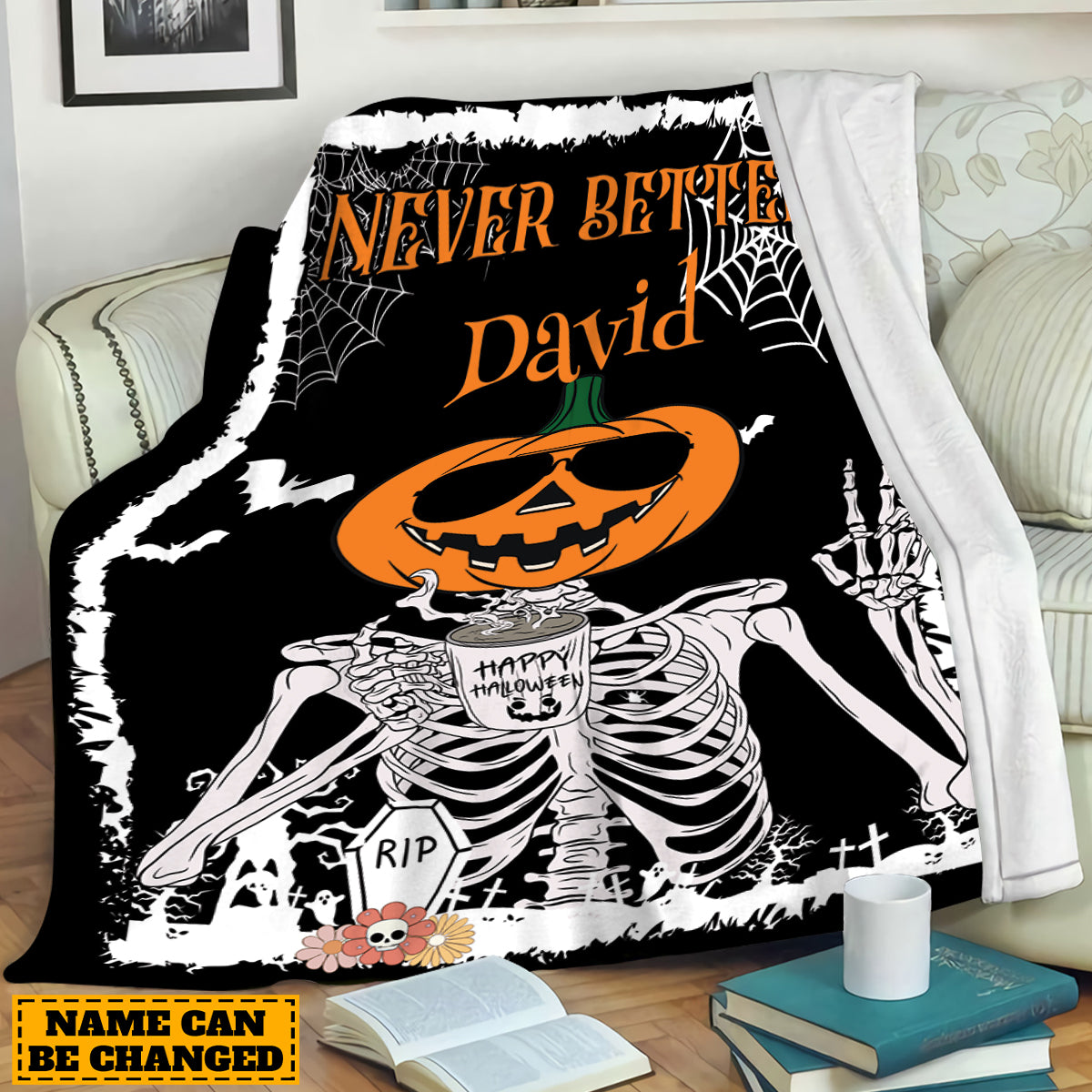 Teesdily | Customized Never Better Skeleton Blanket, Halloween Pumpkin Skeleton Coffee Throw Blanket, Funny Skeleton Blanket Sofa