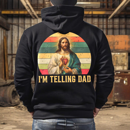 Teesdily | Jesus Sacred Heart Retro Shirt, I'm Telling Dad Shirt, Dad Grandad Vintage Sweatshirt Hoodie Mug, Father's Day Christian Dad Gifts