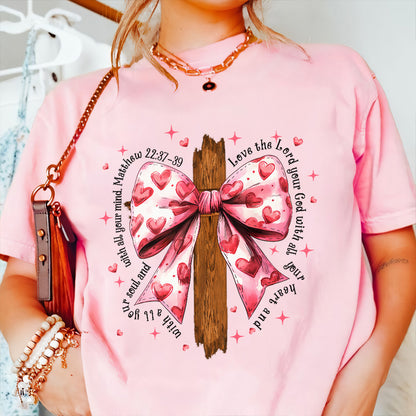 Teesdily | Jesus Cross Bow Shirt, Pink Bow Coquette Valentine Sweatshirt, Love The Lord Your God With All Your Heart Hoodie Mug