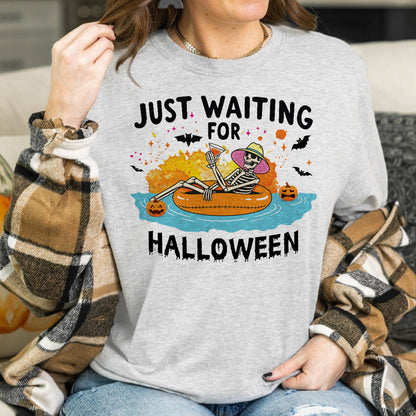 Teesdily | Halloween Skeleton Shirt, Just Waiting For Halloween Sweatshirt Hoodie Mug, Skeleton Pumpkin Tee, Cute Spooky Summer Halloween Gifts