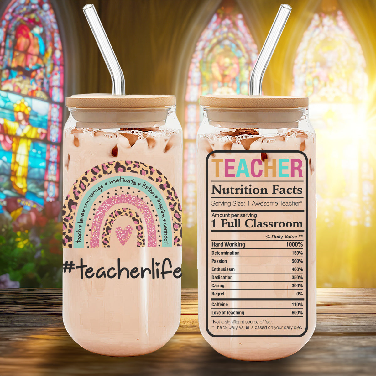 Teesdily | Teacher Life Rainbow Personalized Glass Can, Teacher Nutrition Facts Frosted Glass Can, Teacher Appreciation Glass Can With Straw Gifts