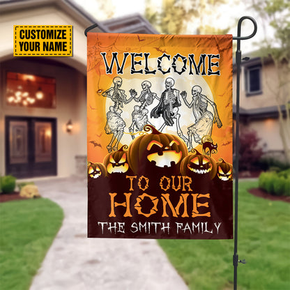 Teesdily | Personalized Welcome To Our Home Flag, Skeleton Dancing Pumpkin Halloween Garden Flag, Halloween Party House Flag, Yard Banner Decor