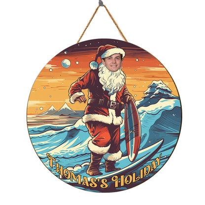 Teesdily | Customized Photo Santa Claus Summer Surfing Christmas Wood Sign For Surfing's Lover Home Decor Christmas Gift