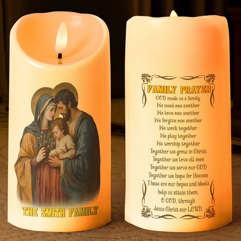 Teesdily | Personalized Holy Family LED Candle, Christmas Jesus Christ Our Lord LED Candle, Religious Home Decor Christmas Gift