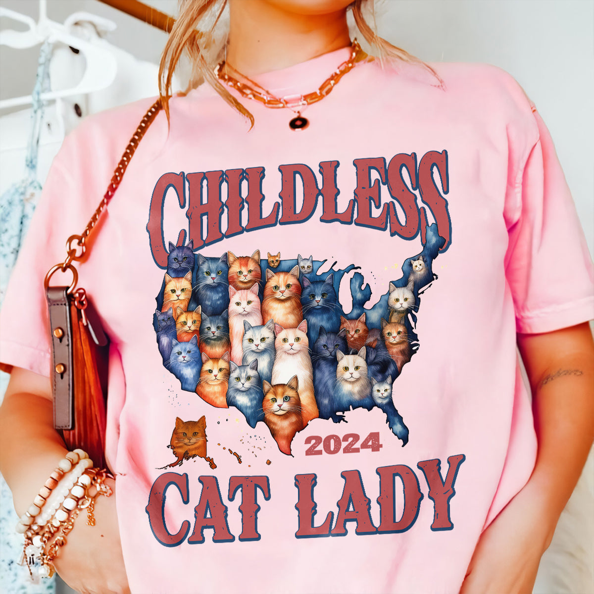 Teesdily | Childless Cat Lady 2024 Shirt, American Map Cats T-shirt, Funny Childless Cat Lady For Ka-mala Sweatshirt Hoodie Mug, Cat Lovers Gift