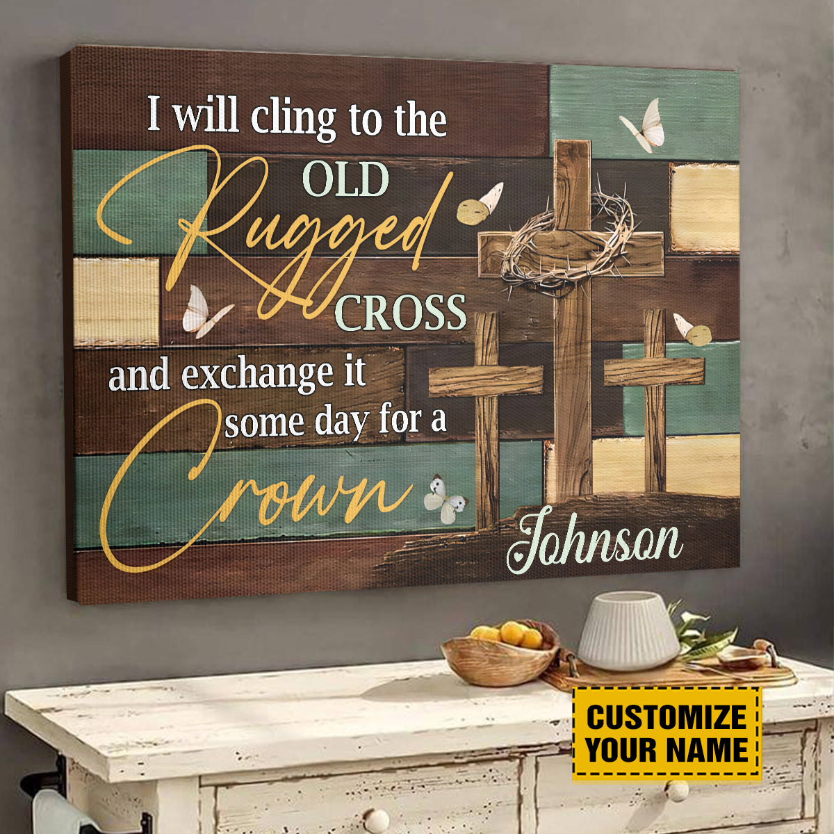 Teesdily | Personalized Jesus Cross Poster Print, I Will Cling To The Old Rugged Cross Canvas, God Faith Believers Christian Gifts, Religious Poster