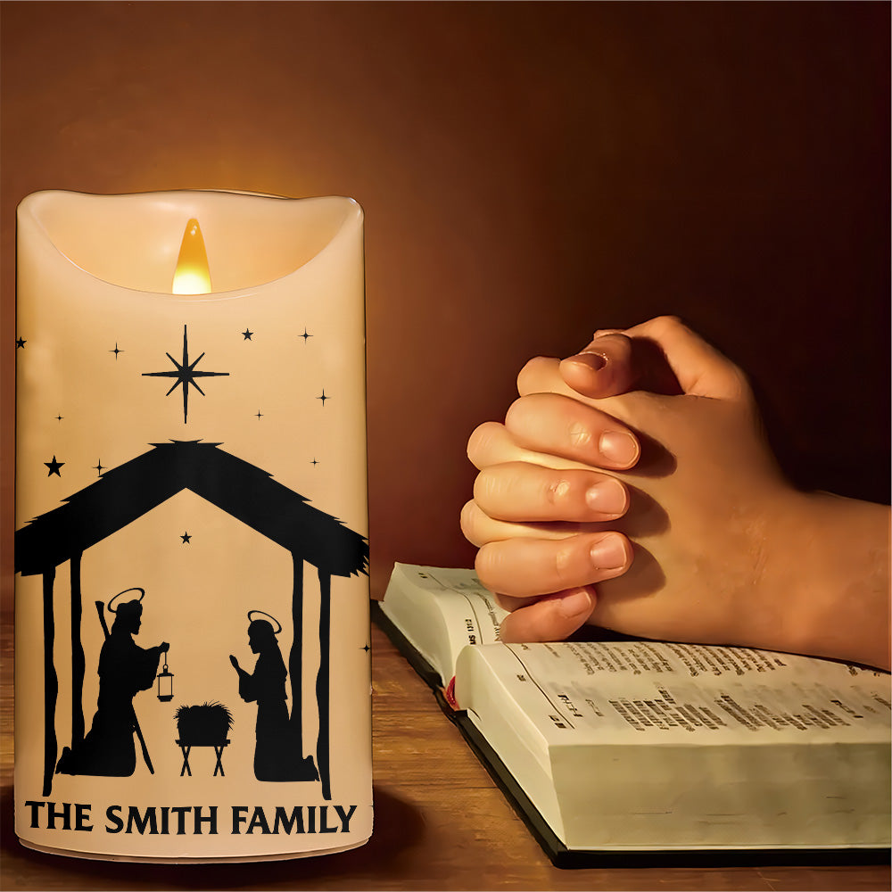 Teesdily | Custom Jesus Nativity Scene LED Candle No Battery, O Holy Night Music Sheet Nativity Christmas Decor, Religious Gift