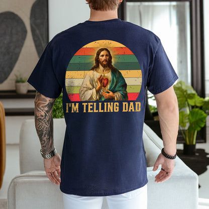 Teesdily | Jesus Sacred Heart Retro Shirt, I'm Telling Dad Shirt, Dad Grandad Vintage Sweatshirt Hoodie Mug, Father's Day Christian Dad Gifts