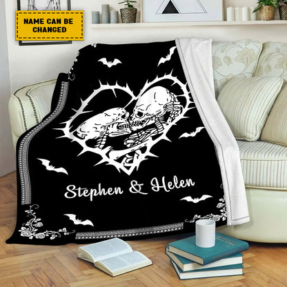 Teesdily | Personalized Skeleton Couple Blanket Together Forever Fleece Blanket Halloween Goth Couple Halloween Gift Personalized Skull Gothic