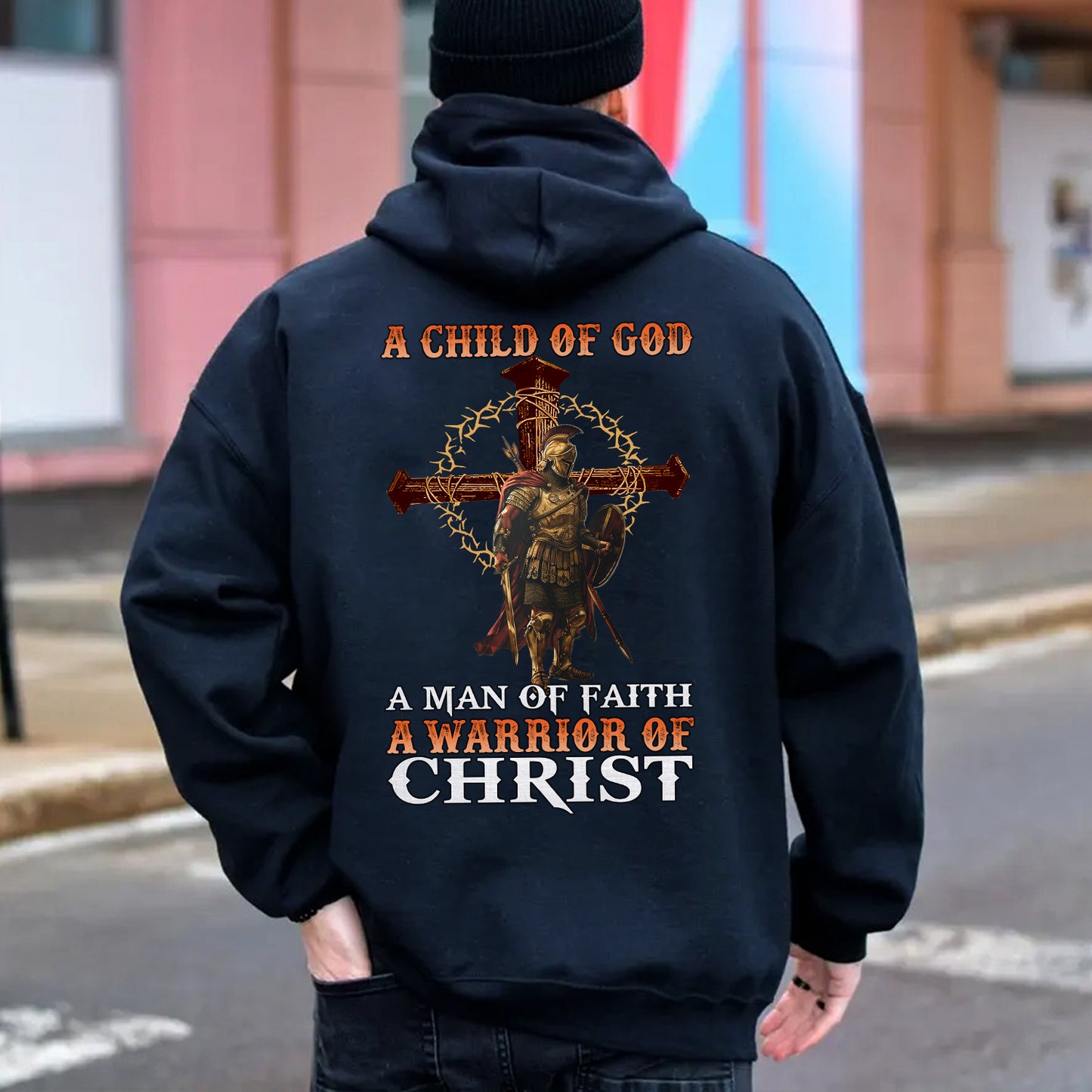 Teesdily | Jesus Warrior Man Shirt, A Child Of God A Man Of Faith A Warrior Of Christ Hoodie Sweatshirt Mug, Christian Shirt Back Design, Jesus Gifts