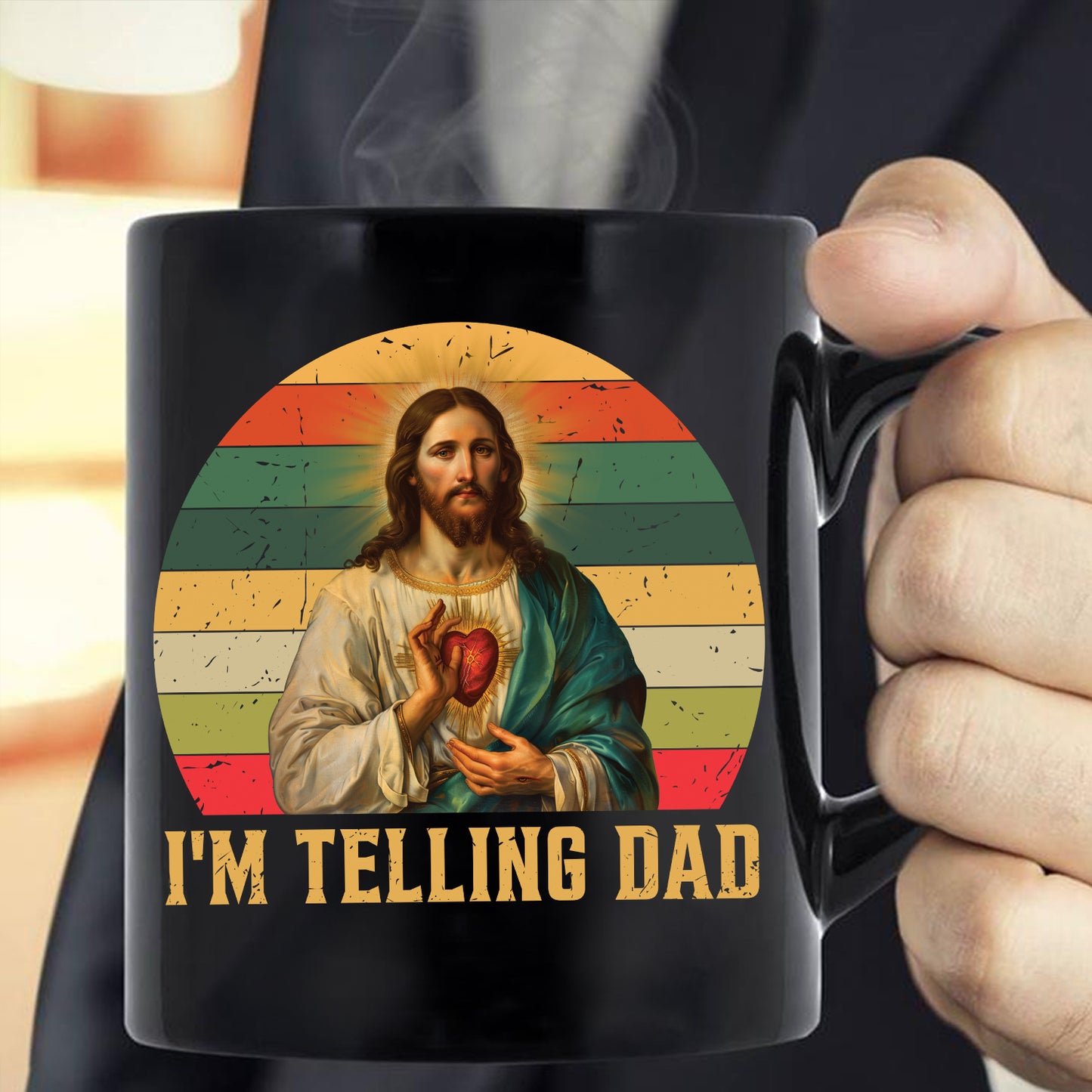 Teesdily | Jesus Sacred Heart Retro Shirt, I'm Telling Dad Shirt, Dad Grandad Vintage Sweatshirt Hoodie Mug, Father's Day Christian Dad Gifts