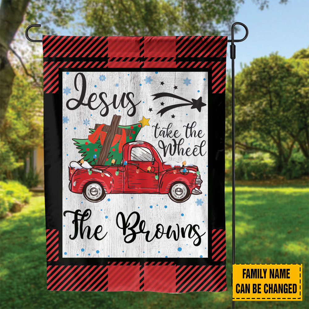 Teesdily | Customized Jesus Take The Wheel Christmas Garden Flag, Red Truck Car Christmas Tree House Flag, Christ Cross Home Flag