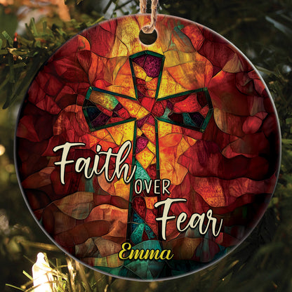 Teesdily | Customized Jesus Cross Stained Glass Print Ornament Christmas, Faith Over Fear Christian Art Ornament Religious Gift