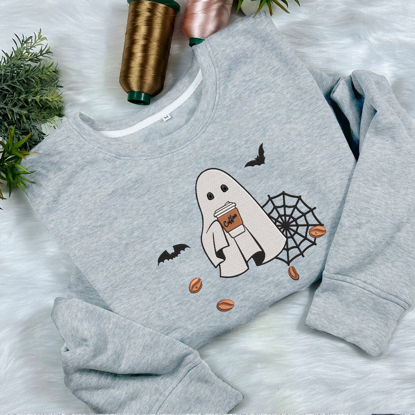 Teesdily | Halloween Cute Ghost Drinking Coffee Embroidery Shirt, Halloween Ghost Coffee Embroidered Sweatshirt, Ghost Boo Shirt, Coffee Lover Gift