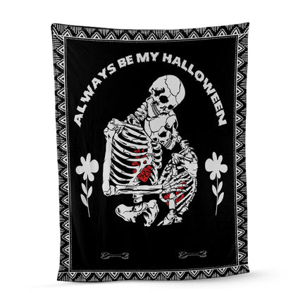 Teesdily | Skeleton Couple Custom Name Blanket Skeleton Halloween Throw Blankets Customized Commemorate Date Blanket Spooky Skull Decor Custom Gifts