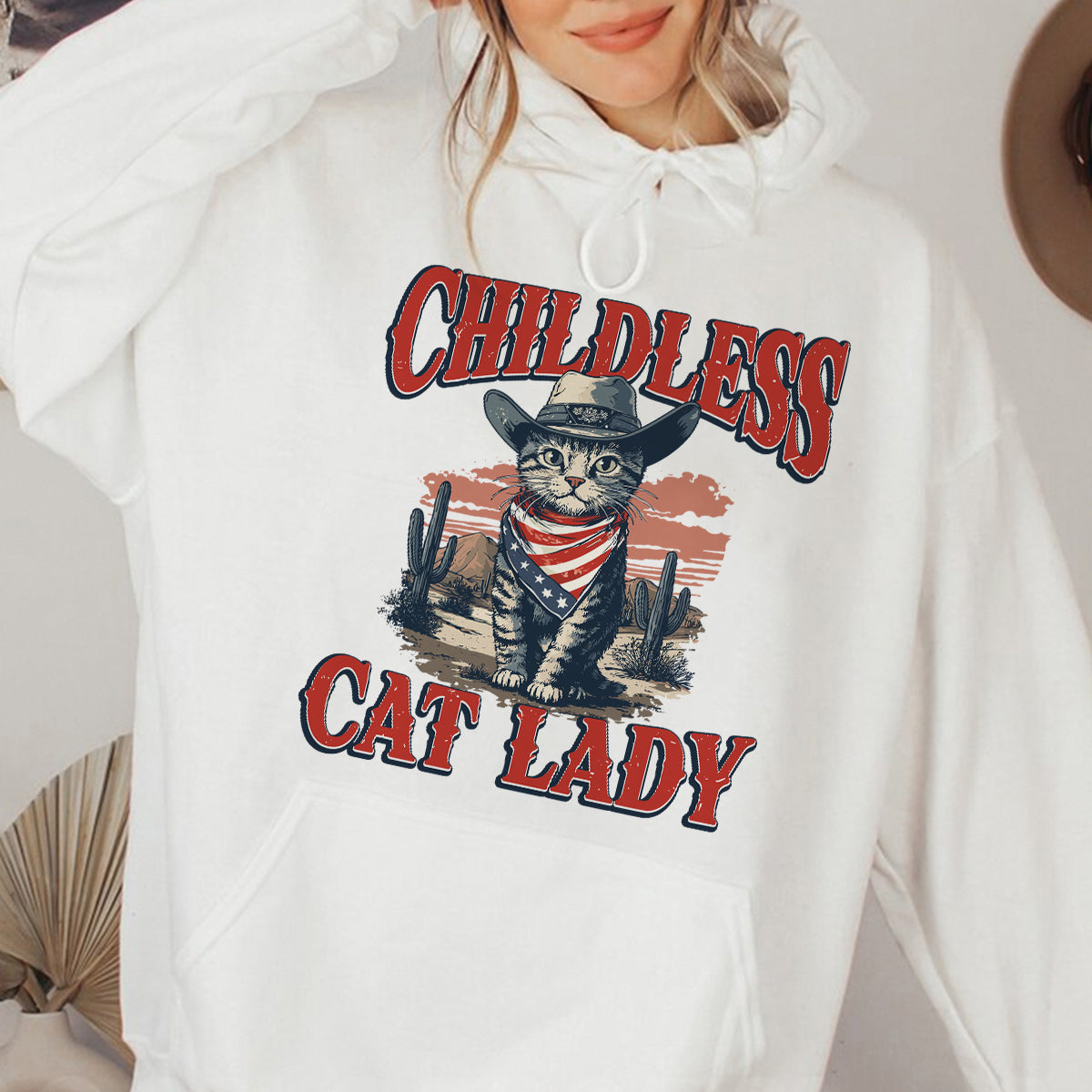 Teesdily | Childless Cat Lady Shirt, Childless Cat Lady For Comma La Sweatshirt Hoodie Mug, Vintage Cat Cowboy T-shirt, Kama-laa Tee, Patriot Gift